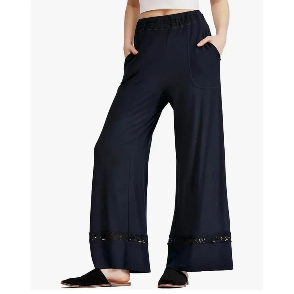 Free People Intimately Black Lace Trim‎ Wide Leg Lounge Pants XS
